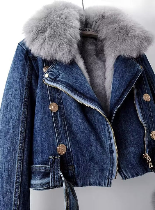 Plus Size Denim Fur Coat