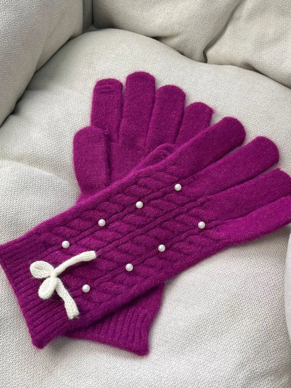 Thermal Pearl Detail Bow Five-Finger Gloves (Style 5) - Composure Boutique