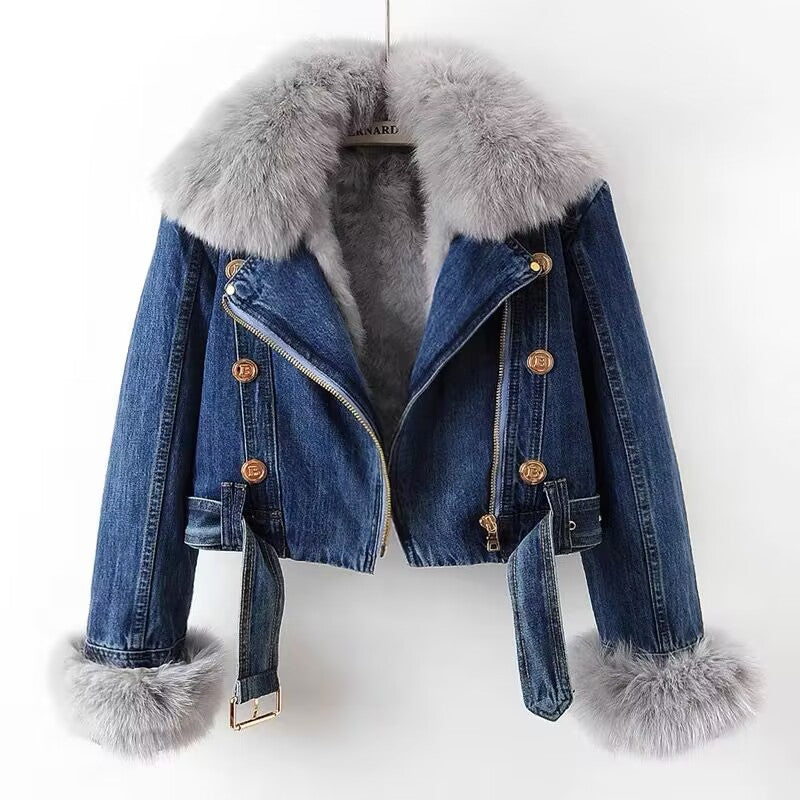 Plus Size Denim Fur Coat