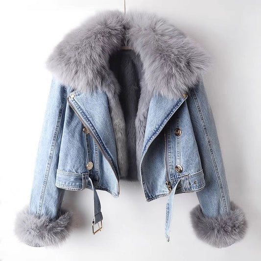 Plus Size Denim Fur Coat