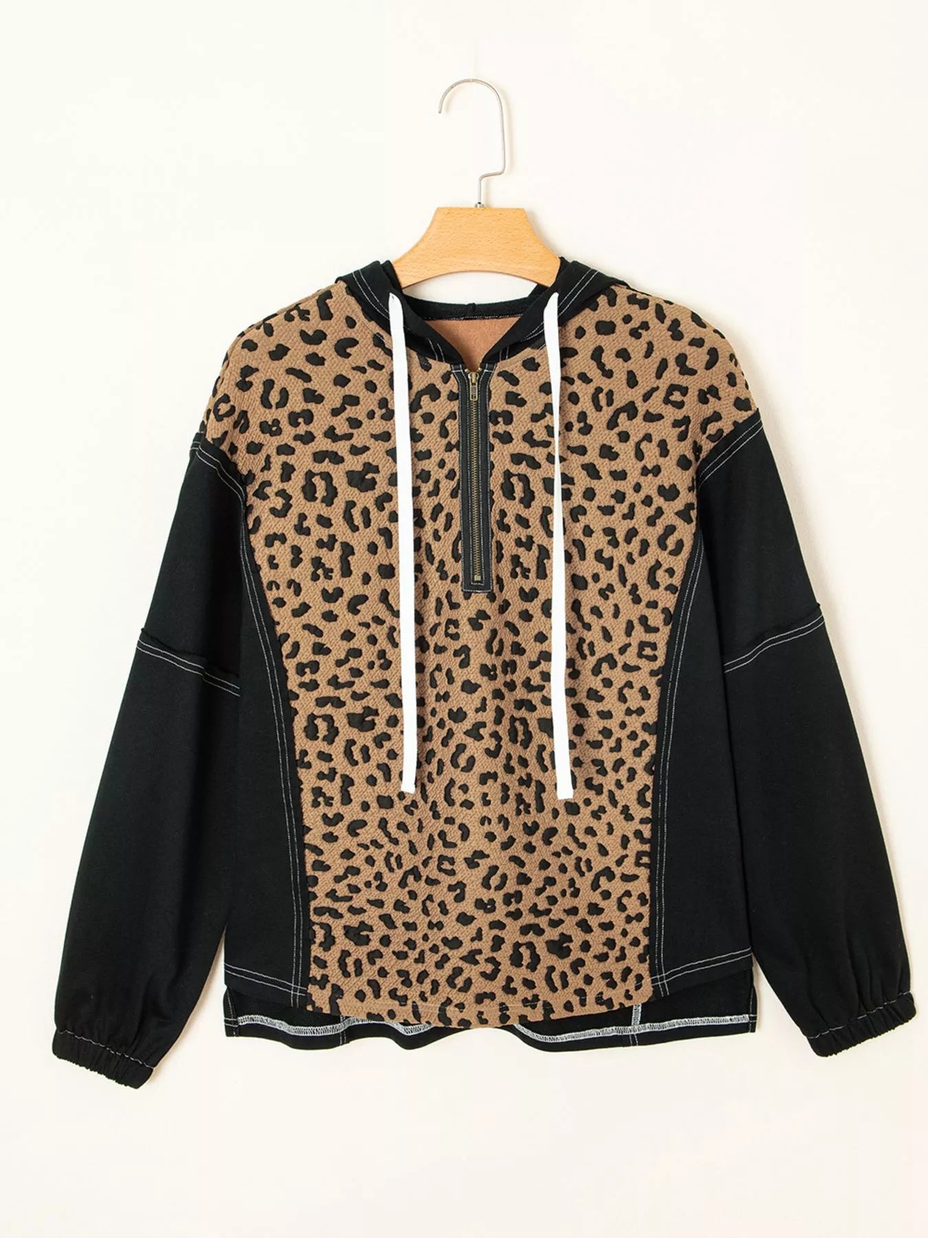 Leopard Patchwork Contrast Stitching Knotted Cuff Quarter Zip Hoodie (Style 6) - Composure Boutique