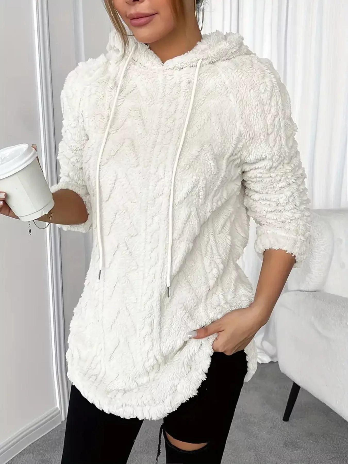 Cozy Textured Drawstring Fleece Hoodie (Plus available) (Style 10) - Composure Boutique