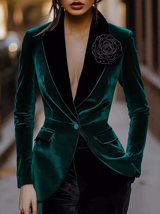 Velvet Rose Embellished One Button Blazer (Plus available) - Composure Boutique
