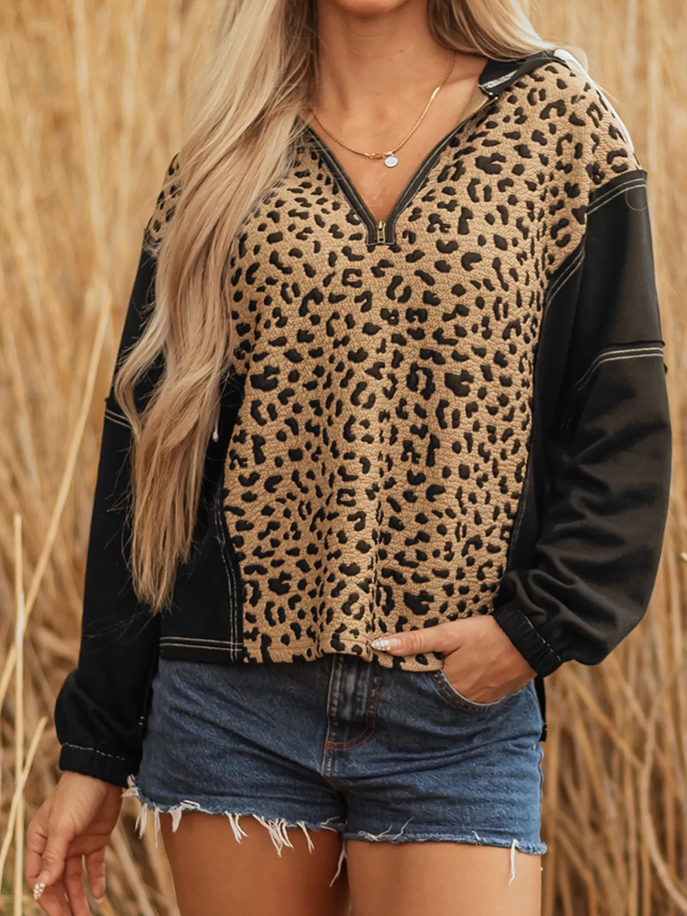 Leopard Patchwork Contrast Stitching Knotted Cuff Quarter Zip Hoodie (Style 2) - Composure Boutique