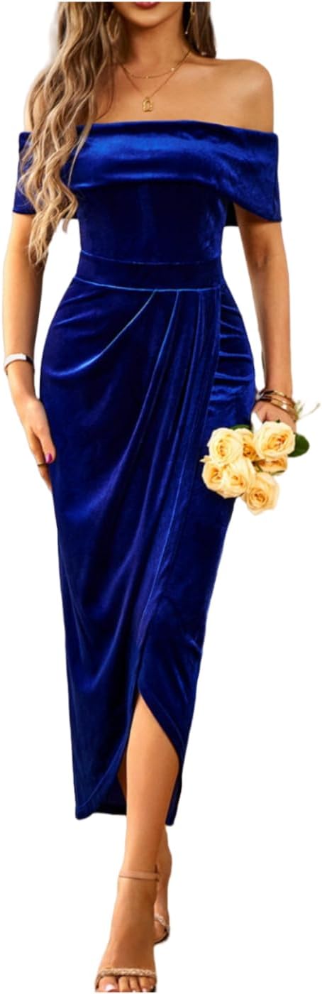 Womens Velvet Wrap Off The Shoulder Dress Sexy Slit Ruched Cocktail Dress Wedding Party Dresses