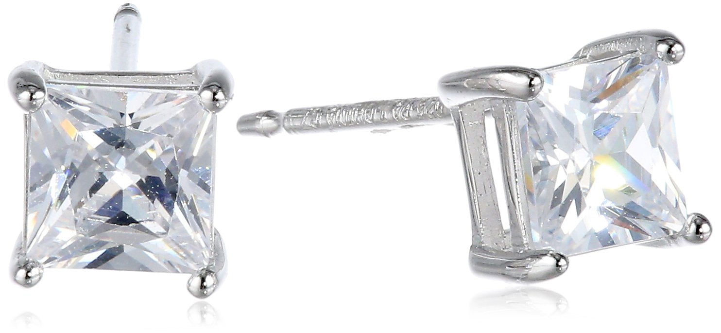 Amazon Essentials Plated Sterling Silver Cubic Zirconia Stud Earrings (Round & Princess)