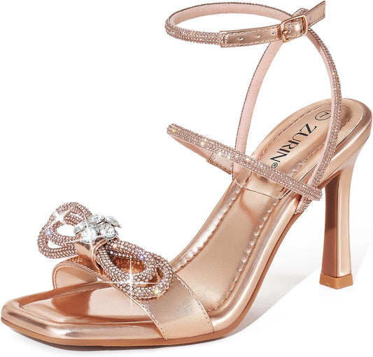 ZURIN Women's Rhinestone Bow Heels Square Toe Strappy Heeled Sandals Sparkle Stiletto High Heels Dress Party Evening Prom Crystal Shoes