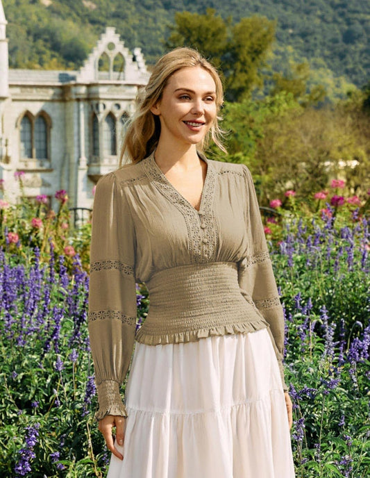 Scarlet Darkness Women's Renaissance Peasant Blouse V Neck Lantern Sleeve Lace Smocked Tops