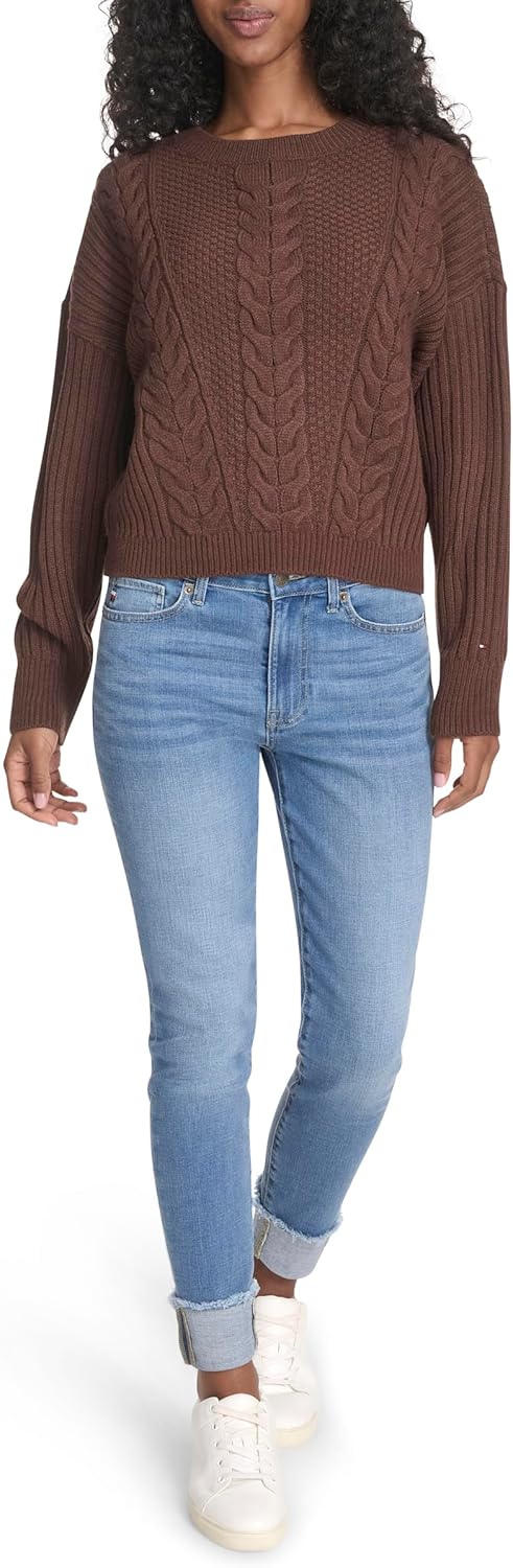 Tommy Hilfiger Womens Solid Cable Crewneck Bobbi Pullover Sweater