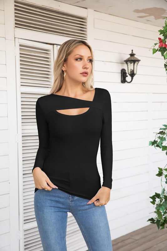 VICHYIE Womens Fashion Fall Clothes One Piece Cutout Tops Long Sleeve Ribbed Slim Fitted Shirts Tee Tshirts