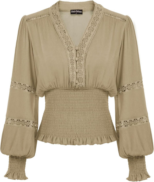 Scarlet Darkness Women's Renaissance Peasant Blouse V Neck Lantern Sleeve Lace Smocked Tops