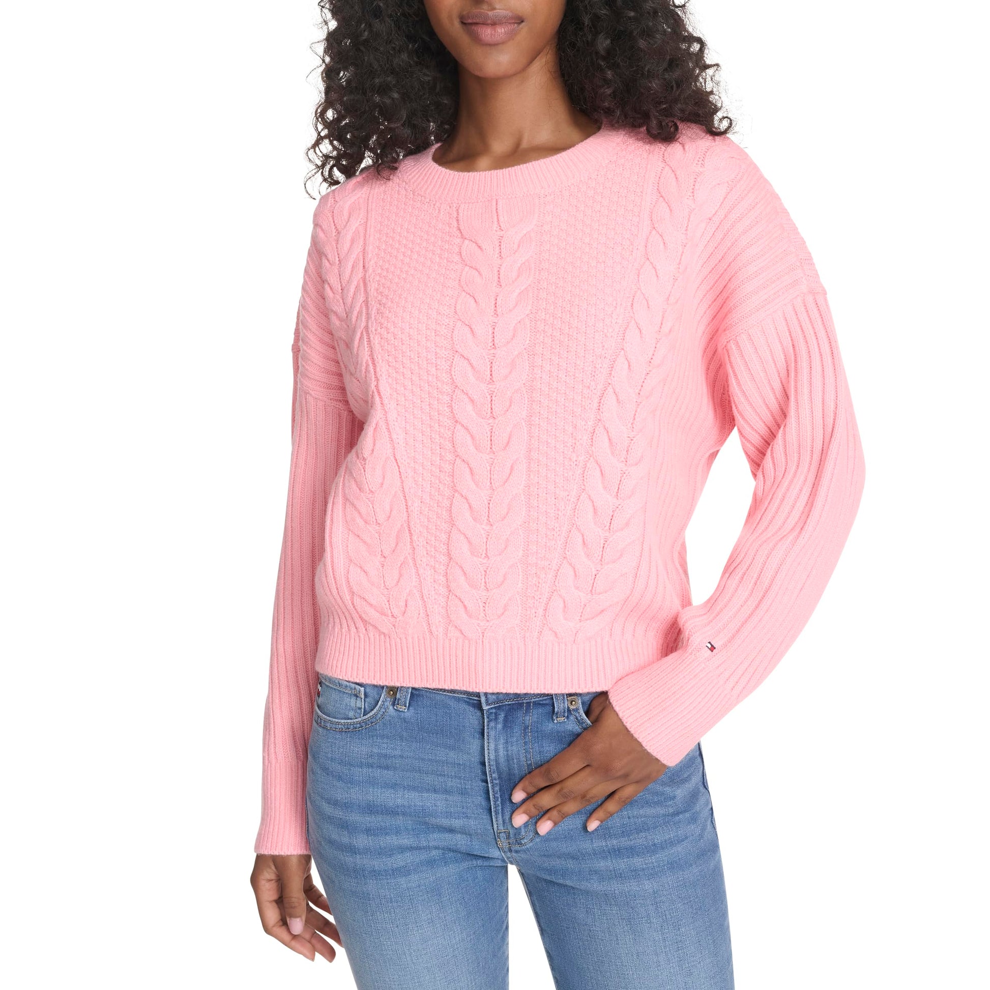 Tommy Hilfiger Womens Solid Cable Crewneck Bobbi Pullover Sweater