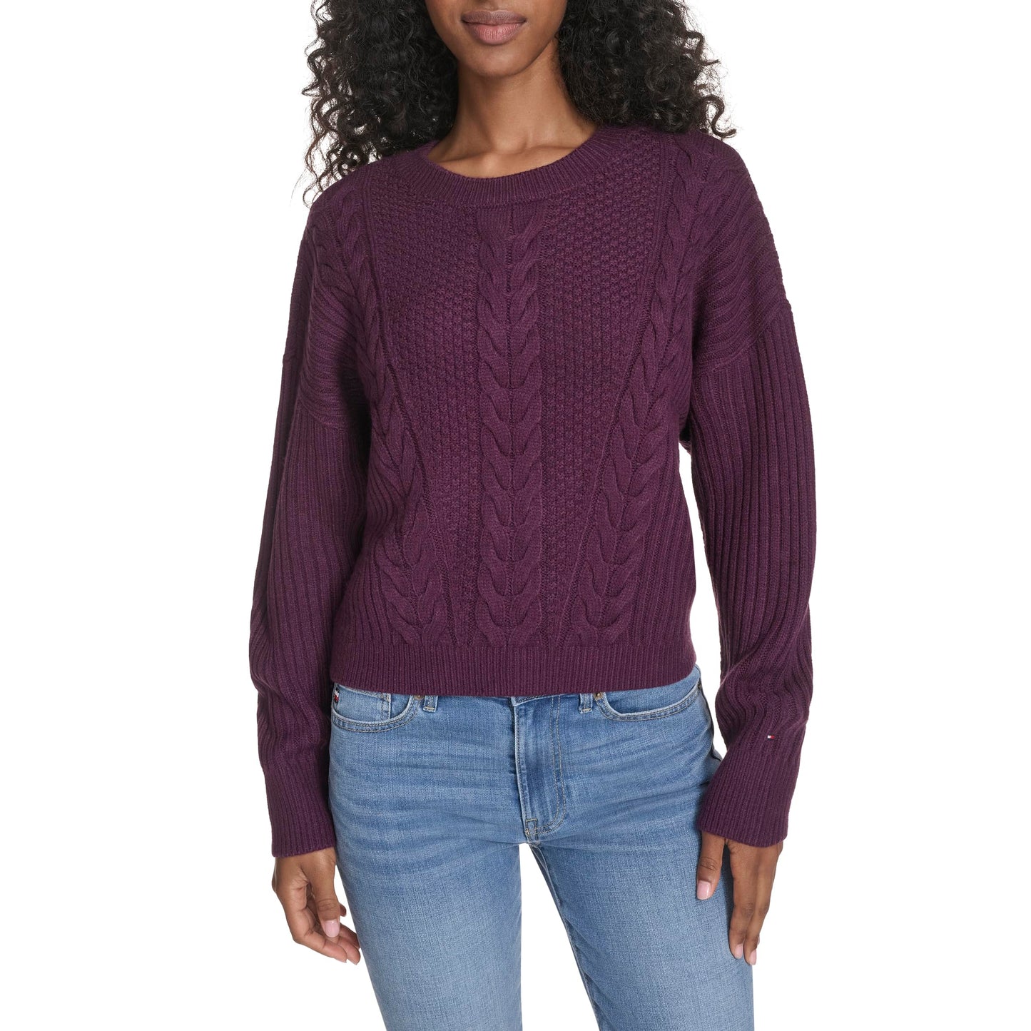 Tommy Hilfiger Womens Solid Cable Crewneck Bobbi Pullover Sweater