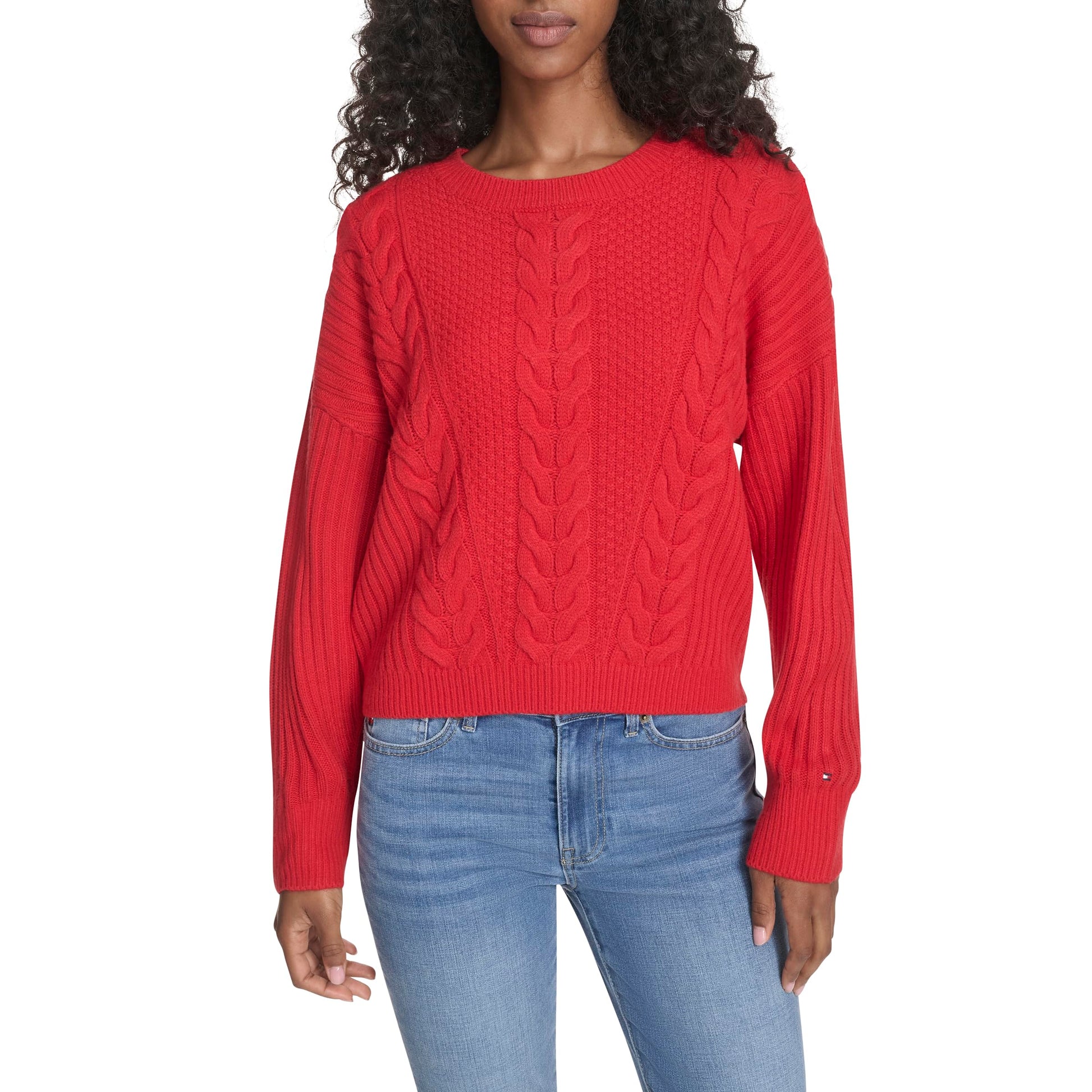 Tommy Hilfiger Womens Solid Cable Crewneck Bobbi Pullover Sweater