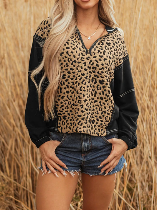 Leopard Patchwork Contrast Stitching Knotted Cuff Quarter Zip Hoodie - Composure Boutique