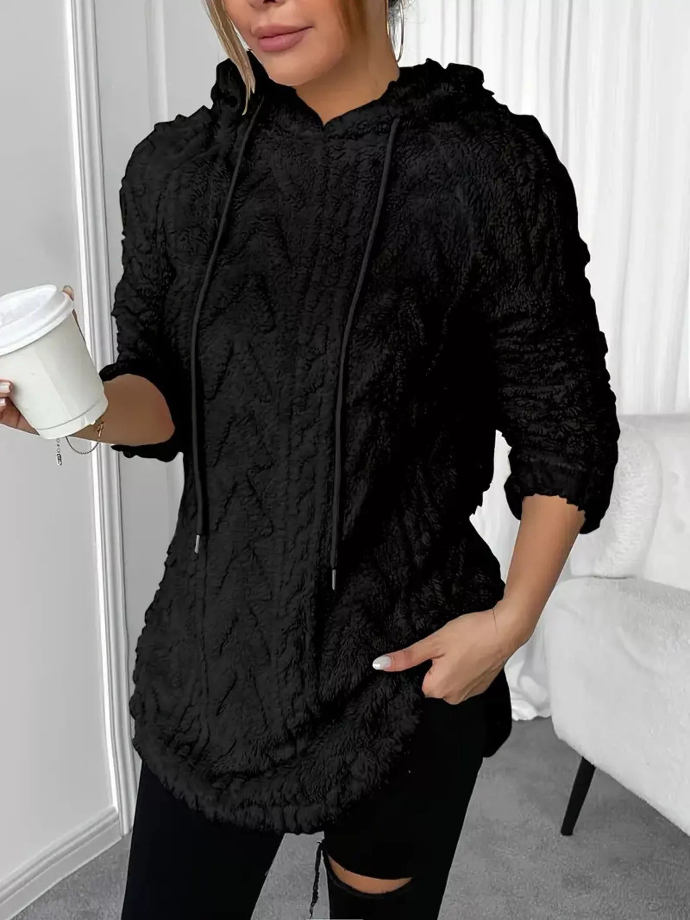 Cozy Textured Drawstring Fleece Hoodie (Plus available) (Style 5) - Composure Boutique