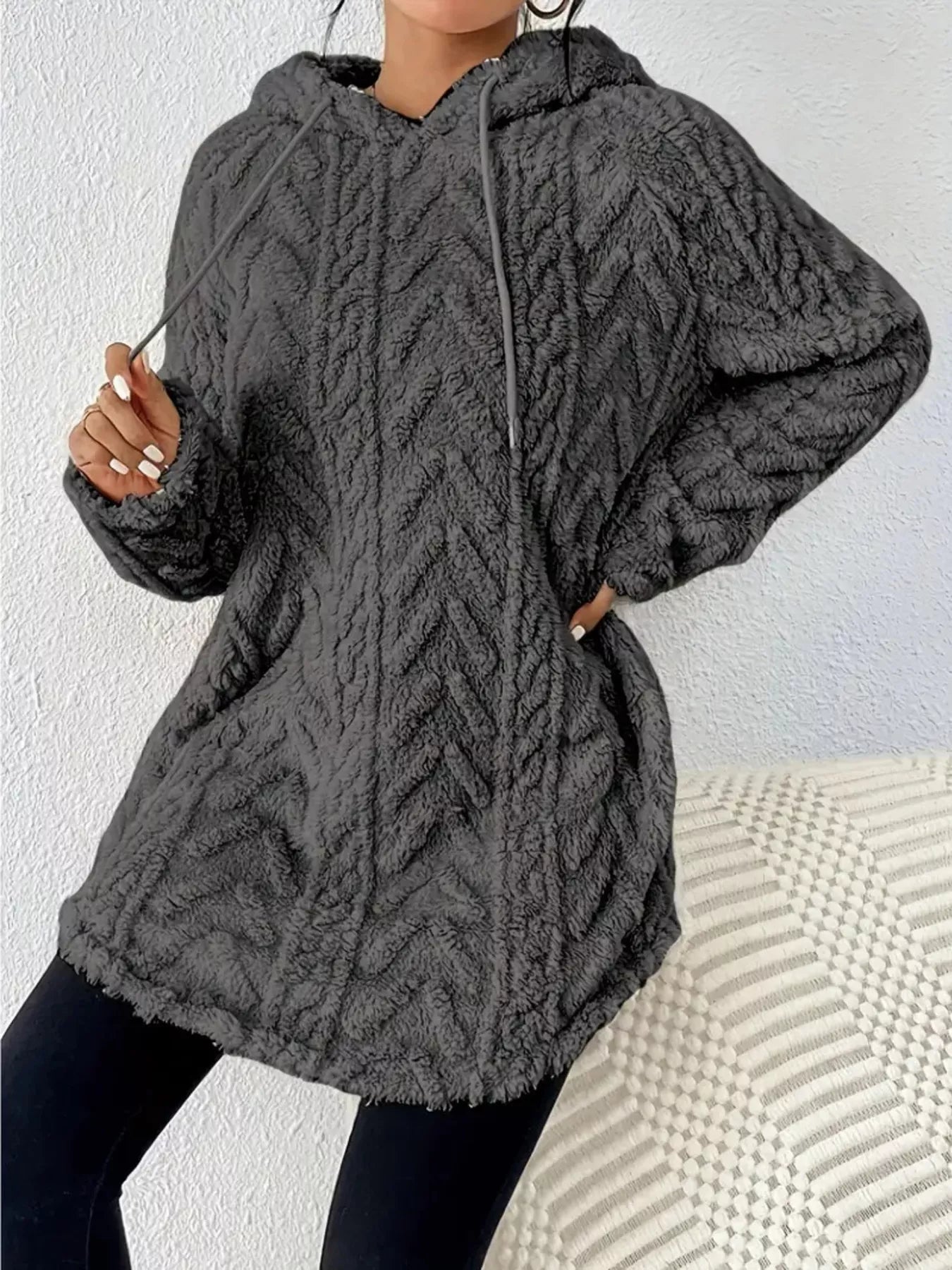 Cozy Textured Drawstring Fleece Hoodie (Plus available) (Style 14) - Composure Boutique