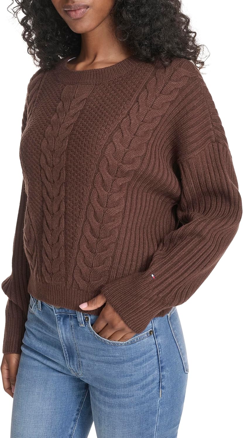 Tommy Hilfiger Womens Solid Cable Crewneck Bobbi Pullover Sweater
