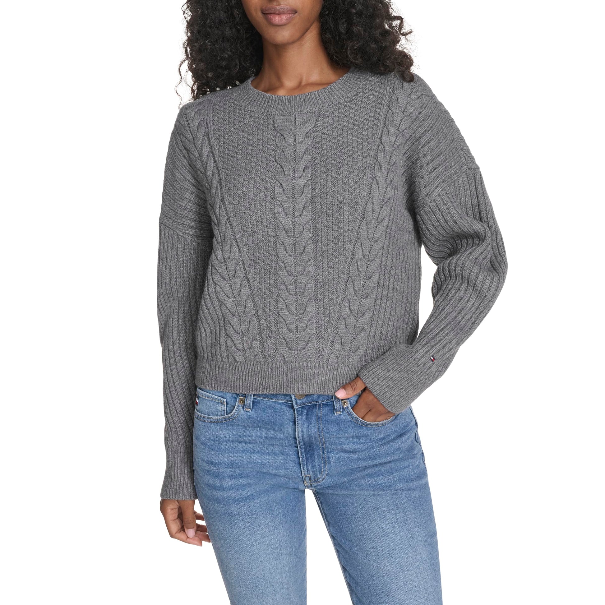 Tommy Hilfiger Womens Solid Cable Crewneck Bobbi Pullover Sweater