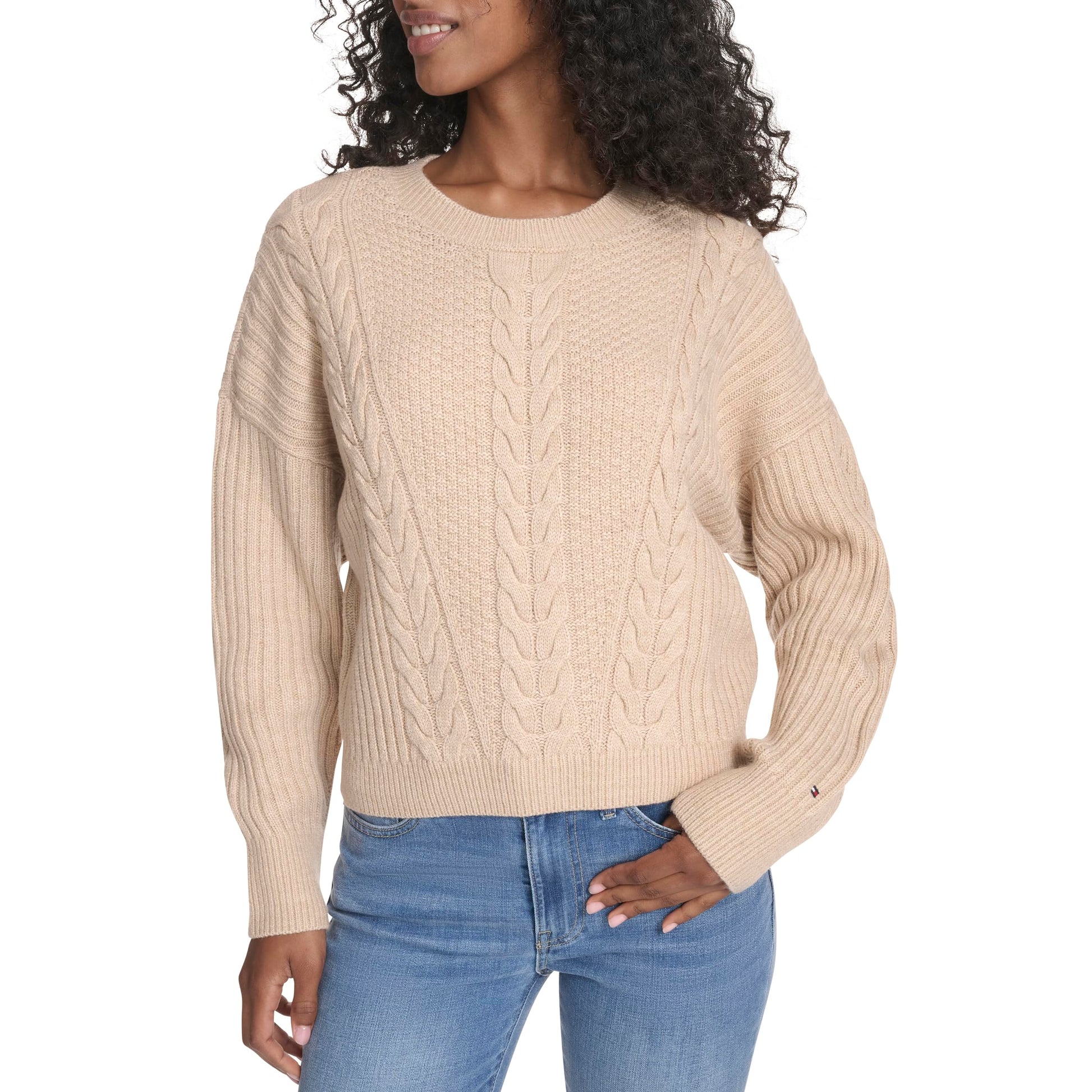 Tommy Hilfiger Womens Solid Cable Crewneck Bobbi Pullover Sweater