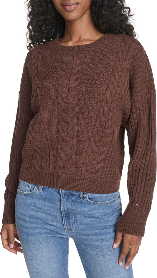 Tommy Hilfiger Womens Solid Cable Crewneck Bobbi Pullover Sweater