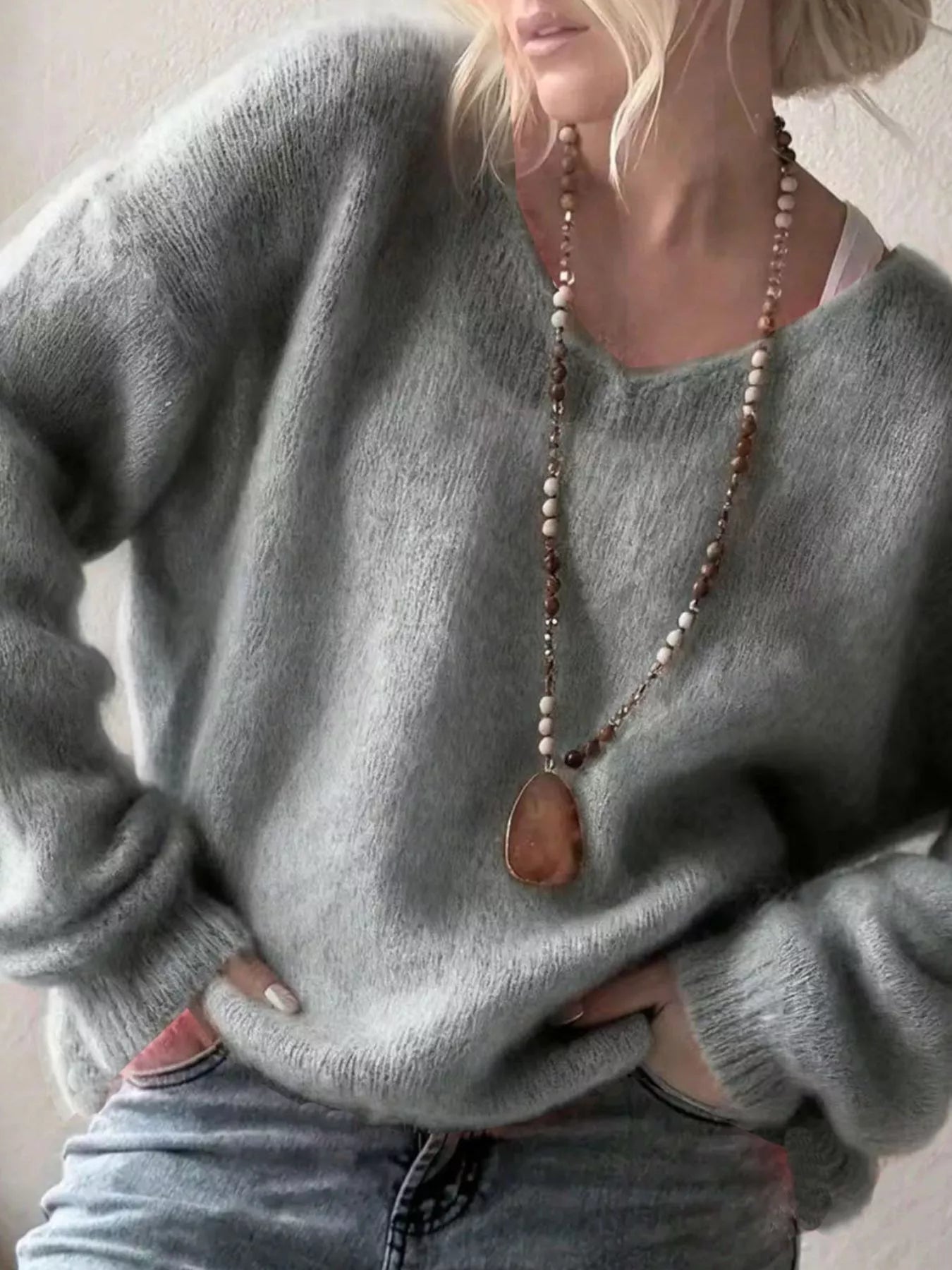 V-Neck Dropped Shoulder Sweater (Style 9) - Composure Boutique