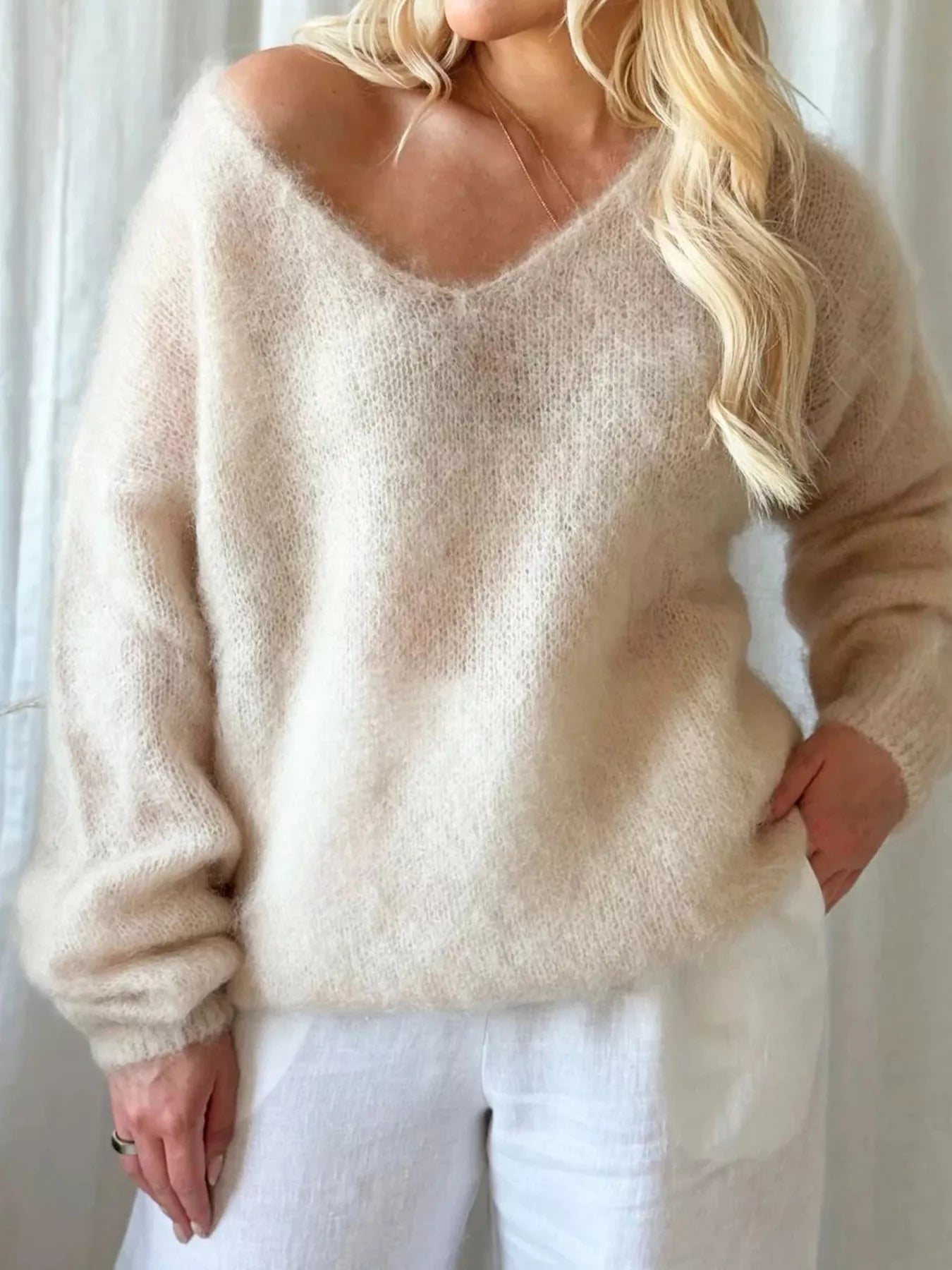 V-Neck Dropped Shoulder Sweater - Composure Boutique