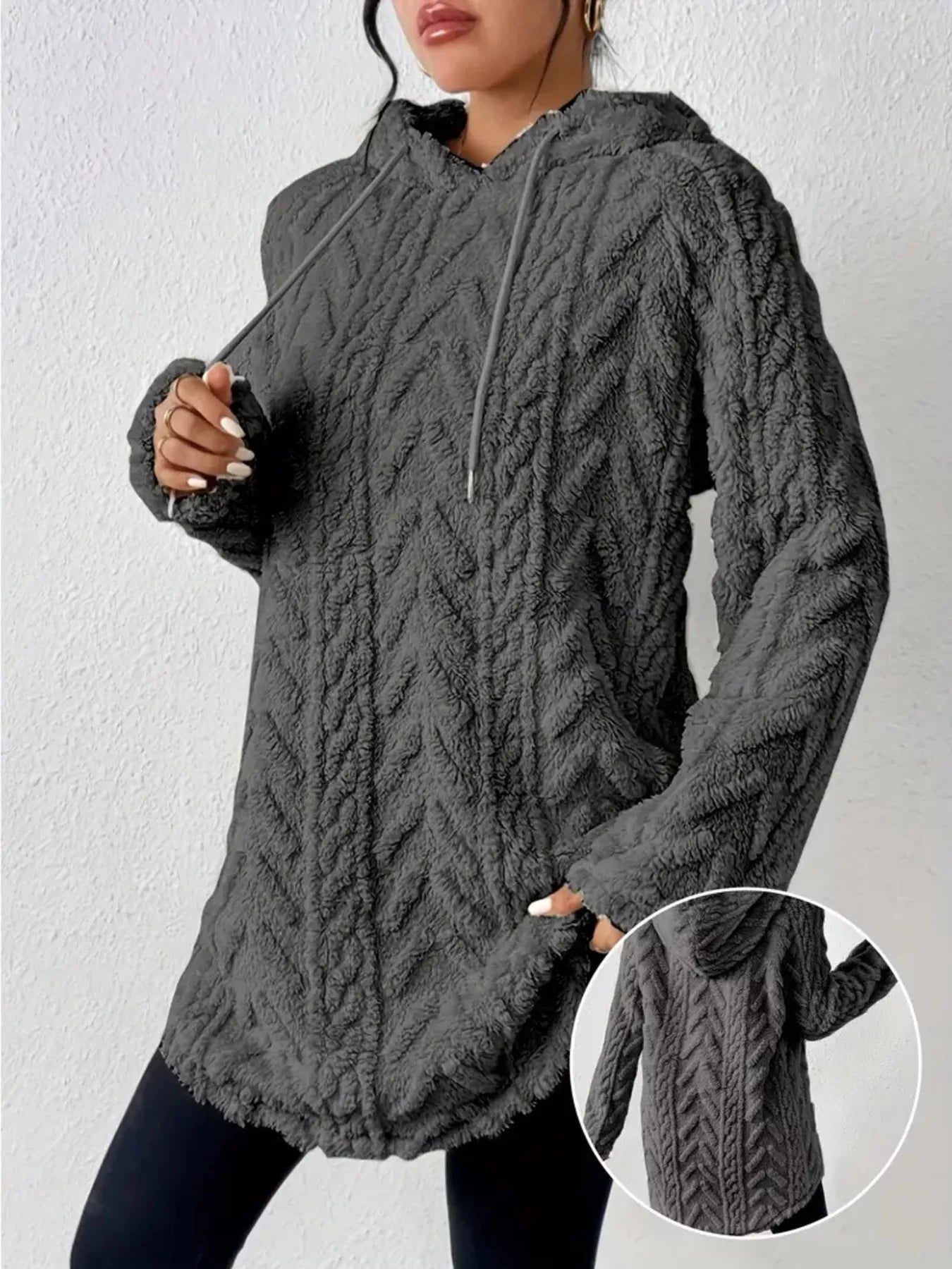 Cozy Textured Drawstring Fleece Hoodie (Plus available) (Style 13) - Composure Boutique