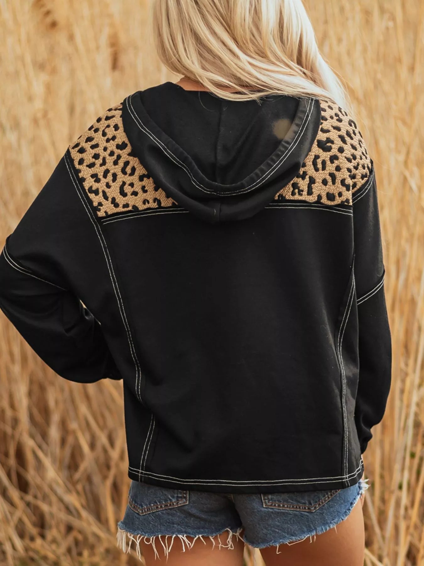 Leopard Patchwork Contrast Stitching Knotted Cuff Quarter Zip Hoodie - Composure Boutique