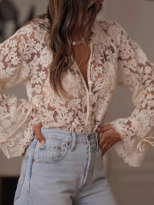 Lace Button Up Long Sleeve Shirt (Plus available) - Composure Boutique